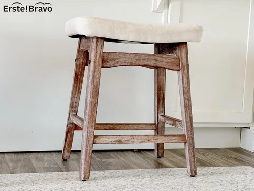 Vista 4 de Taburete de bar de madera maciza para encimera de cocina, taburete de bar con asiento de silla de montar de tela, taburete tapizado para isla de 34