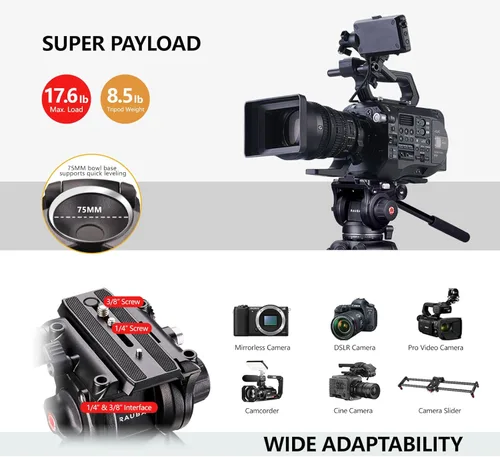 Vista 5 de RAUBAY Trípode profesional de cámara de video resistente de 70.8 pulgadas con cabezal fluido, placa QR para videocámara DSLR, carga máxima de 17.6