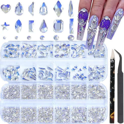 Vista 22 de HNUIX Diamantes de imitación para uñas, cristal 3D de múltiples formas, gemas de uñas Aurora de cristal, parte trasera plana, con kit para arte