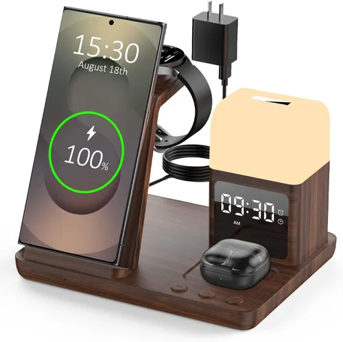 Vista 5 de Cargador inalámbrico para estación de carga Samsung/Android, cargador de reloj rápido 6 en 1 con reloj despertador, luz nocturna, compatible
