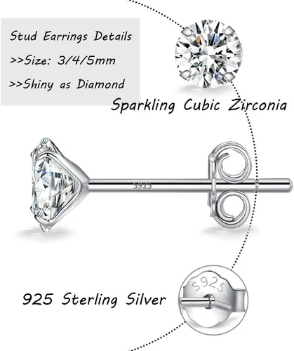 Vista 2 de MASOP VOGU 3-5mm Sterling Silver Stud Earrings Set 14K White Gold Plated Hypoallergenic Tiny Round Cut CZ Cubic Zirconia Simulated Diamond Cartilage