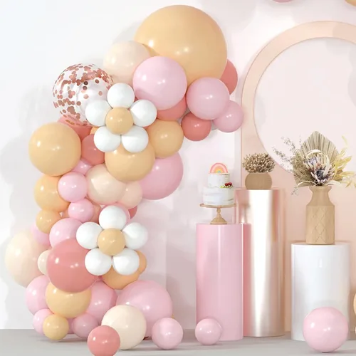 Vista 6 de Guirnalda de globos de margaritas bohemias, retro, rosa polvoriento, rubor, nude, rosa claro, pastel, naranja, blanco, globos de confeti de oro