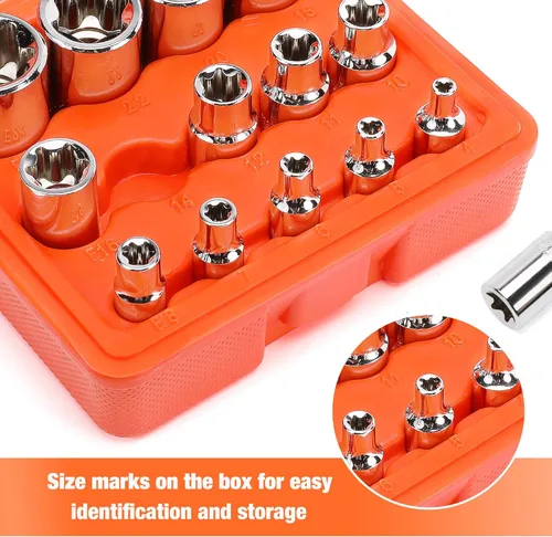 Vista 5 de ValueMax Juego de 14 piezas hembra E-Torx Star Socket Set, 14", 38" y 12" Drive, juego de llaves de estrella externas hembra con riel, juego