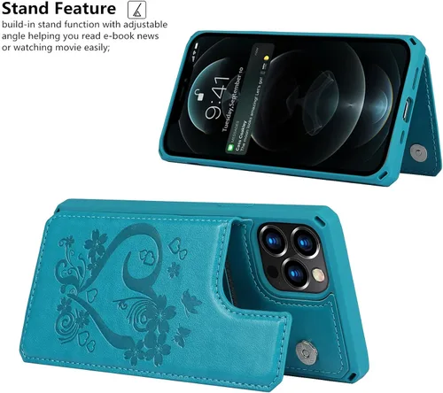Vista 7 de iCoverCase Compatible con iPhone 12/12 Pro Wallet Funda para teléfono con tarjetero para mujer, bloqueo RFID en relieve de piel sintética con correa