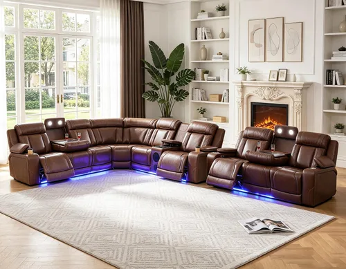 Vista 21 de Juego de sofá modular reclinable eléctrico para sala de estar, juego de sofá reclinable de cuero con luces LED / almacenamiento oculto, sofá