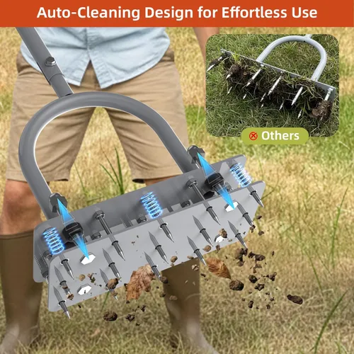 Vista 4 de GAINO Aireador manual para césped con 15 puntas, aireador ajustable de 32 a 35 pulgadas con mango en T para césped, diseño de expulsión automática