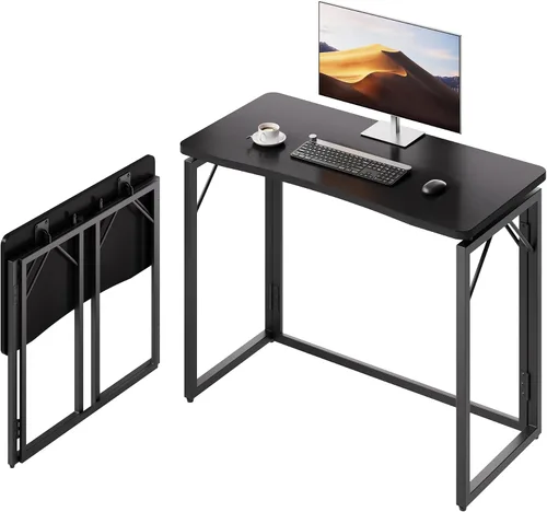 JOYMOOP Escritorio plegable negro de 31.5 pulgadas, pequeño escritorio plegable sin montaje para el hogar, oficina, escritorio plegable de madera
