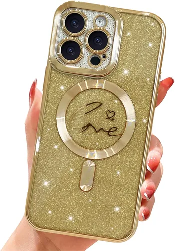 Vista 52 de Funda magnética transparente con purpurina para iPhone 14, compatible con Magsafe, diseño de corazón de amor, chapado de lujo, protector completo