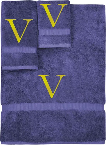 Vista 129 de Juego de toallas con monograma, regalo personalizado, juego de 3 - Letra de bloque dorada bordada en toalla - Extra absorbente 100% algodón turco