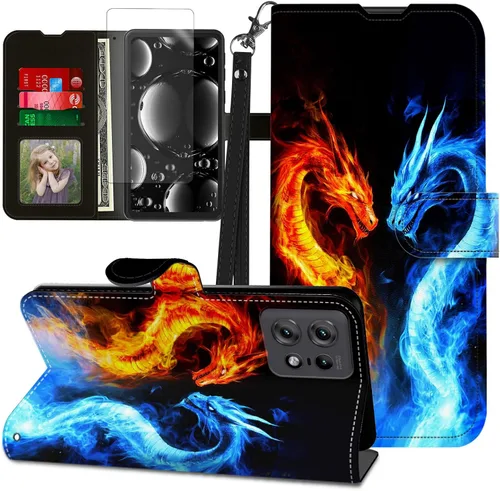 Vista 372 de Funda para Motorola Edge 2022 con protector de pantalla, soporte y tarjetero y correa para la muñeca, funda magnética para Moto Edge 2022 5G UW Lobo