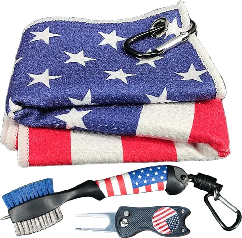 Cepillo de palo de golf y toallas de golf con bandera americana, kit de limpieza de ranuras de golf, herramienta de limpieza de accesorios de golf