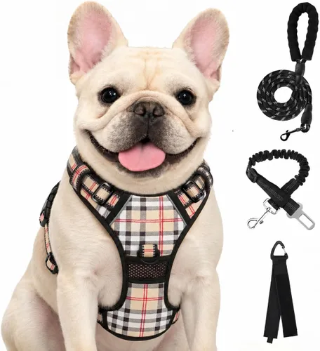 Vista 34 de FURRYFECTION Arnés a cuadros para perros pequeños, chaleco reflectante ajustable sin tirones para mascotas con clip frontal, correa, asa de fácil
