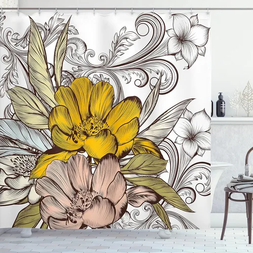 Vista 136 de Ambesonne Cortina de ducha abstracta, acuarela horizontal ovalada en forma de hojas, tonos pastel suaves, obras de arte clásicas, juego