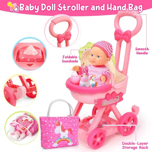 Vista 4 de Golray Juego de cochecito de bebé para niña con muñeca de bebé de 12 pulgadas y 17 piezas de accesorios para muñecas de bebé, bolso/ropa, sombrilla