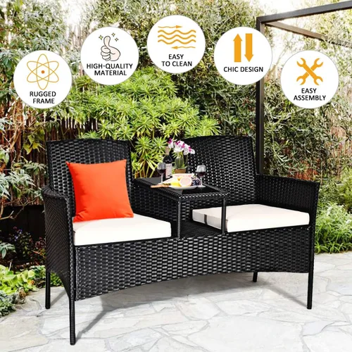 Vista 4 de Sofá biplaza para exteriores, silla de 2 asientos con mesa, cojines, mesa de vidrio templado, juego de muebles de conversación de mimbre para patio