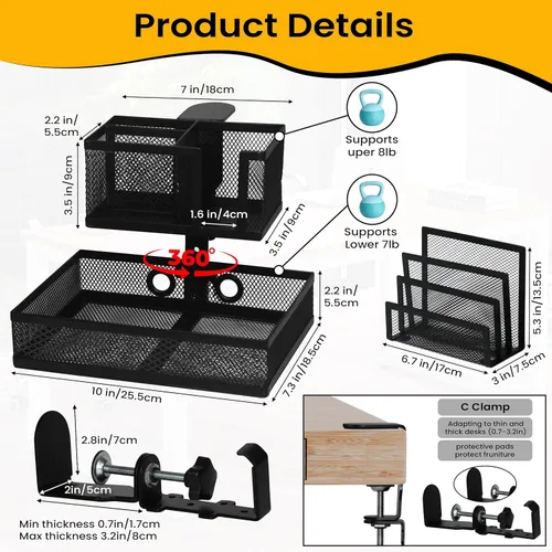 Vista 6 de Organizador de escritorio con abrazadera 6 en 1 con soporte para tazas y cajón giratorio de 360°, piezas intercambiables, accesorio de cajón