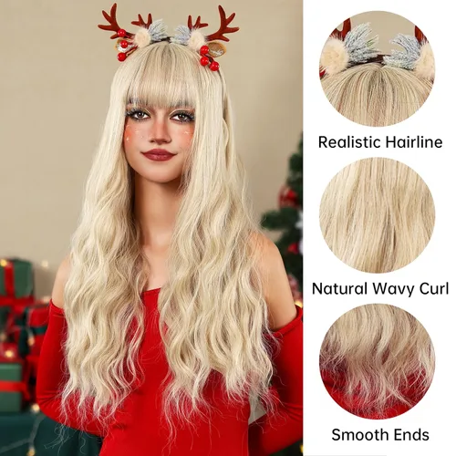 Vista 2 de Peluca larga rubia ondulada con flequillo para mujer, peluca sintética resistente al calor para fiesta cosplay disfraz
