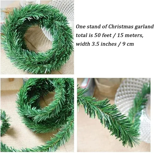 Vista 2 de Guirnalda de Navidad, guirnalda de Navidad artificial de 54 pies, para uso en interiores o exteriores, guirnalda verde sin iluminación