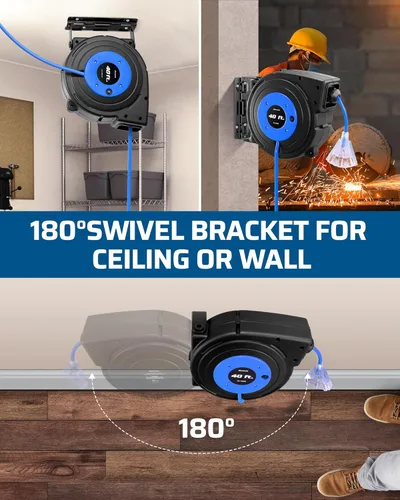 Vista 5 de DEWENWILS Carrete de Cable de Servicio Pesado, Cable de Extensión de Alimentación Retráctil de 40 Pies, 12AWG/3C SJTOW, 3 Tomas Triples Iluminadas