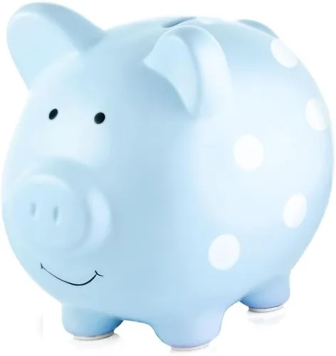 Pearhead Alcancía grande de cerámica, lunares azules, ideal para niños y niñas, banco de dinero y monedas, decoración perfecta para el cuarto del