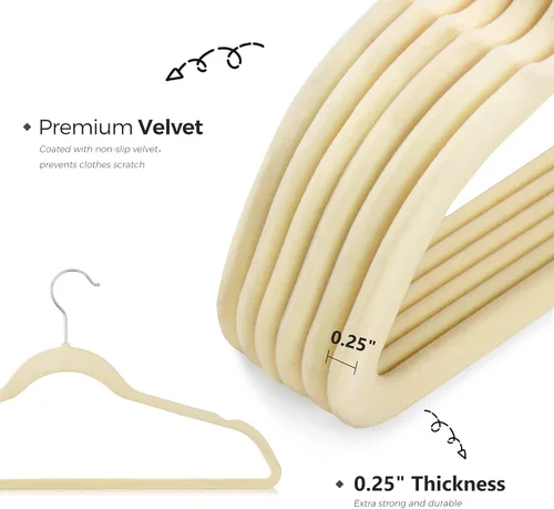 Vista 6 de Cozymood Perchas de terciopelo beige de lujo, paquete de 60 unidades, perchas de fieltro antideslizantes, perchas duraderas de color marfil, ahorran