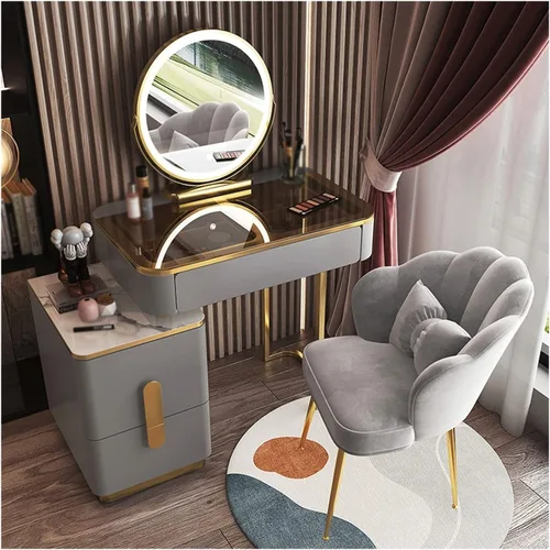 Vista 9 de Tocador de maquillaje, mesa de cristal, tocador, moderno, simple, avanzado, de madera, para dormitorio, almacenamiento, tocador, espejo inteligente