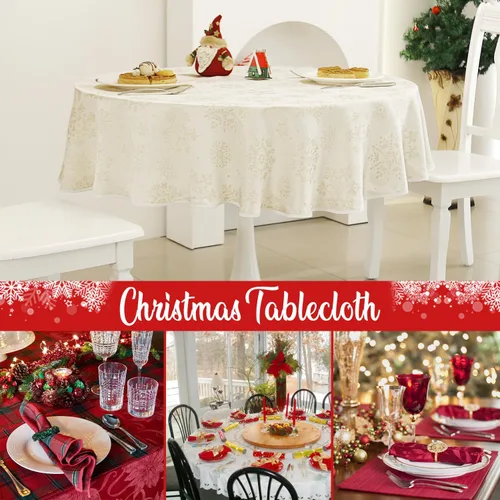 Vista 7 de MikiUp Mantel redondo de Navidad de jacquard, mantel de tela metálica brillante con copos de nieve de Navidad, impermeable y lavable, mantel