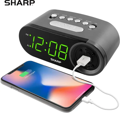 Vista 2 de Reloj despertador digital Sharp fácil de leer con puerto de carga USB de 2 amperios de alta velocidad: ¡carga tu teléfono, tableta con una carga