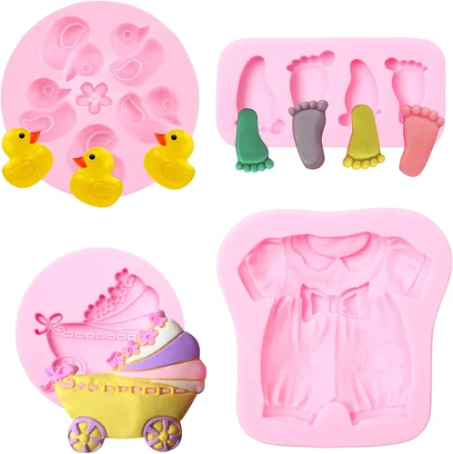 Moldes de silicona para bebé, 4 piezas, moldes para pies de bebé, carrito de baby shower y ropa, molde de pato para chocolate para decoración de