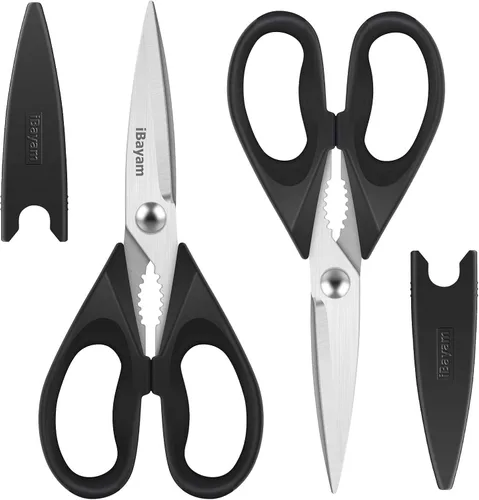 Vista 19 de iBayam Tijeras de cocina multiusos con funda protectora, tijeras de acero inoxidable duraderas, aptas para lavavajillas, mango cómodo de agarre suave