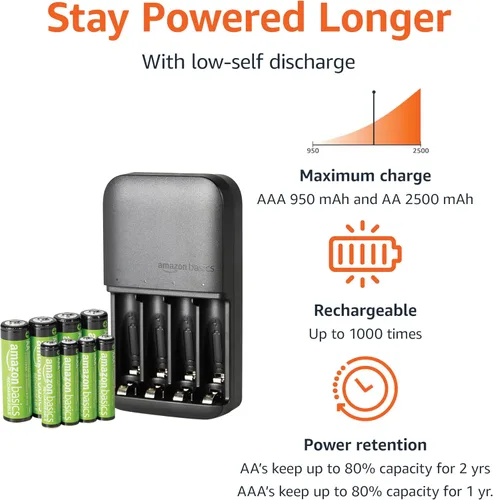Vista 2 de Amazon Basics NiMh Baterías recargables (4 AA y 4 AAA) con cargador de batería de 4 bahías, enchufe tipo A (americano), negro, 8