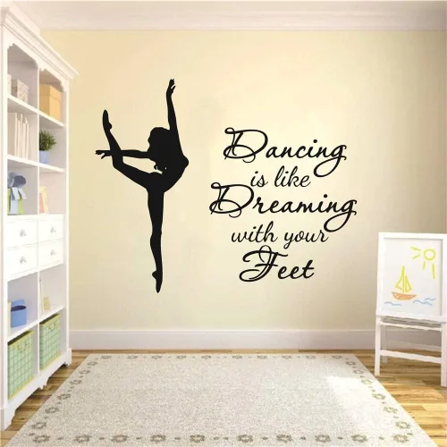 Vista 4 de Calcomanía de pared de bailarina de ballet para habitación de niña, Dancing is Like Dreaming with Your Feet Dance Wall Sticker Wall Wall Wall Negro