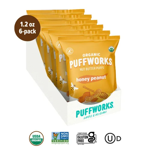 Vista 3 de Puffworks Honey Organic Peanut Butter Puffs, 1.2 onzas (paquete de 6), aperitivo proteico a base de plantas, sin gluten, sin lácteos, Kosher