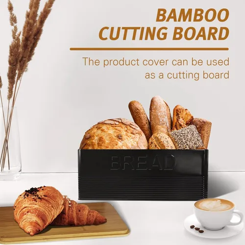 Vista 6 de Kit de caja de pan, caja de pan con tapa de tabla de cortar de bambú extra, soporte para ahorrar espacio, contenedor de metal - (negro) retro