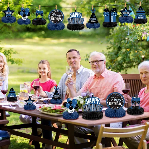 Vista 6 de Pajean 8 Piezas Centros de Mesa de Cumpleaños Azules y Negros con Diseño de Panal, Centros de Mesa Azules y Negros, Decoraciones, Cartel de Centro