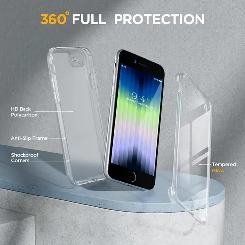 Vista 1317 de Miracase - Funda para iPhone SE de 3ª/2ª generación 2022 2020 de cuerpo completo con protector de pantalla de vidrio integrado, resistente Negro