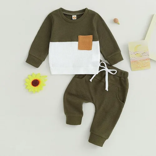 Vista 12 de Conjunto de 2 piezas de ropa para bebé y niño, sudadera con cuello redondo con letras y pantalones casuales de otoño e invierno B Negro-marrón