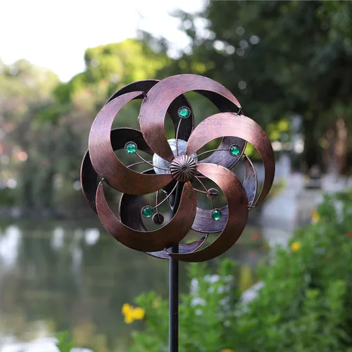 Vista 4 de Spinner de viento solar mejorado 360 grados giratorio multicolor LED iluminación bola de vidrio con cinético viento giratorio vertical escultura