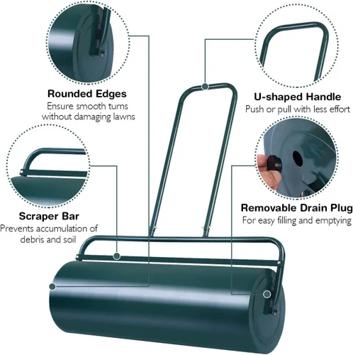 Vista 6 de S AFSTAR Rodillo de césped, empuje/remolque detrás del césped con mango en forma de U, rodillo de tambor de jardín relleno de agua y arena