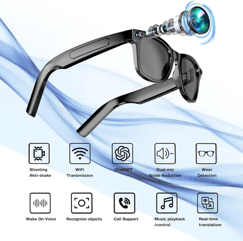 Vista 2 de Lentes inteligentes AI con asistente de voz, gafas de cámara HD de 8 MP, gafas de sol de grabación de video 1080P, reducción de ruido de chip