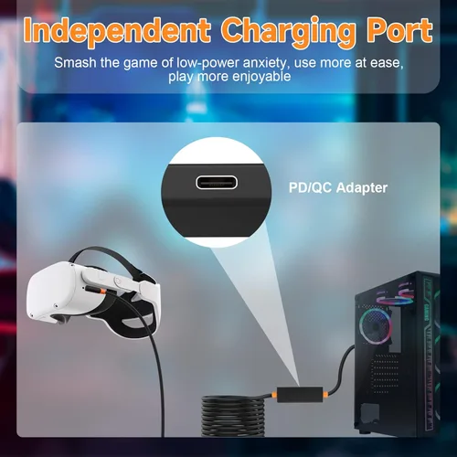 Vista 6 de Cable Link de 16 pies compatible con auriculares OculusMeta Quest 2Pico 4 VR, USB 3.2 Gen 1 de transferencia de datos de alta velocidad a USB C