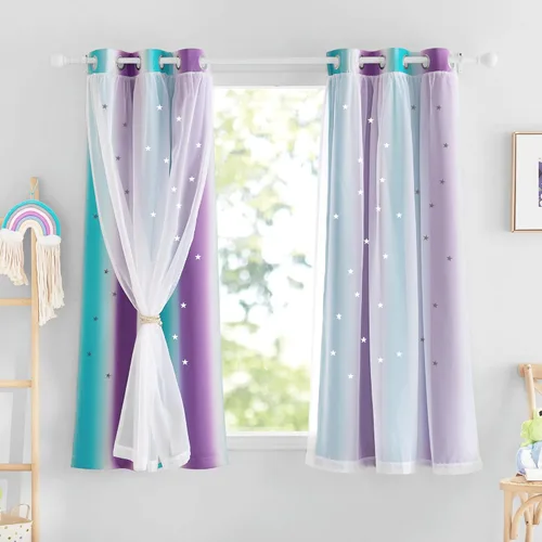 Vista 12 de NICETOWN Cortinas opacas con recortes de estrellas para dormitorio, 2 paneles, diseño mixto de 2 capas de tela y tul, cortina de ventana para niños