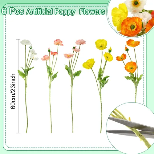 Vista 2 de Canlierr 6 flores artificiales de seda de amapola de seda sintética para primavera, hogar, cocina, decoración de boda, arreglo floral, florero