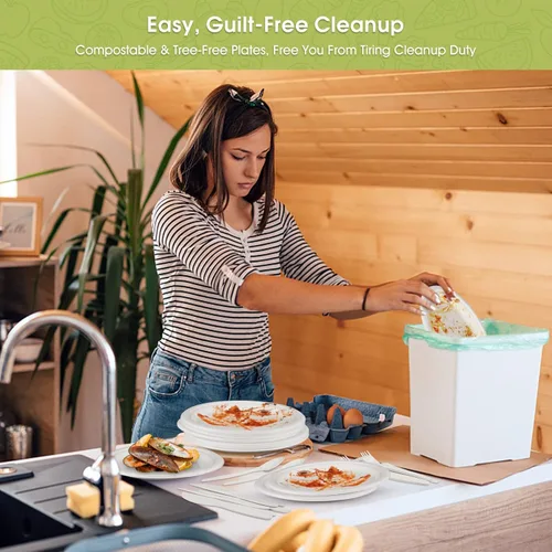 Vista 6 de Fuyit 250 platos de papel compostables con juego de cubiertos, utensilios desechables biodegradables largos ecológicos incluye platos, tenedor