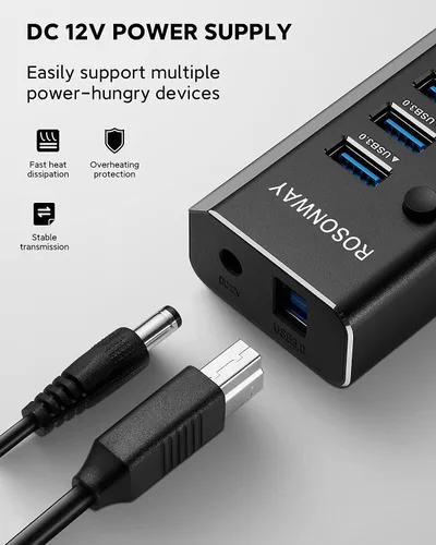 Vista 4 de Hub USB 3.0 alimentado Rosonway de aluminio con 7 puertos USB 3.0 Divisor de datos con adaptador de alimentación de 24W (12V/2A) y interruptores
