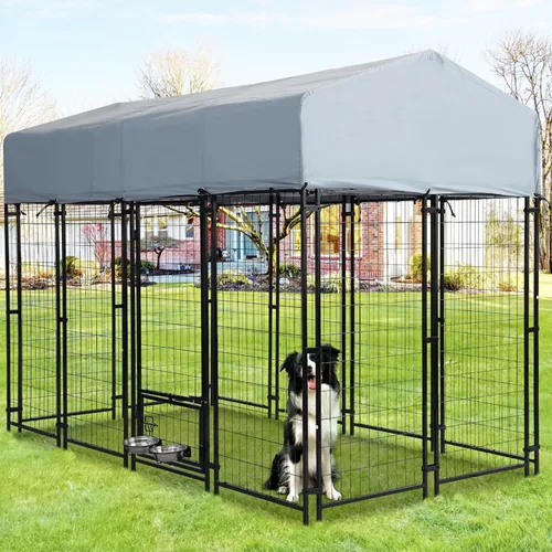 Perrera para perros al aire libre, recinto para perros de 8 x 4 x 5.7 pies con cubierta de techo impermeable y 2 cuencos giratorios para perros