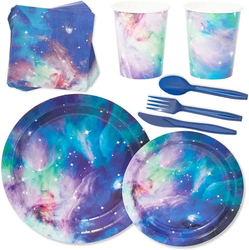 BLUE PANDA Juego de decoraciones de cumpleaños espaciales de 168 piezas, sirve 24, platos de galaxia azul de 9 y 7 pulgadas, tazas de 9 onzas,