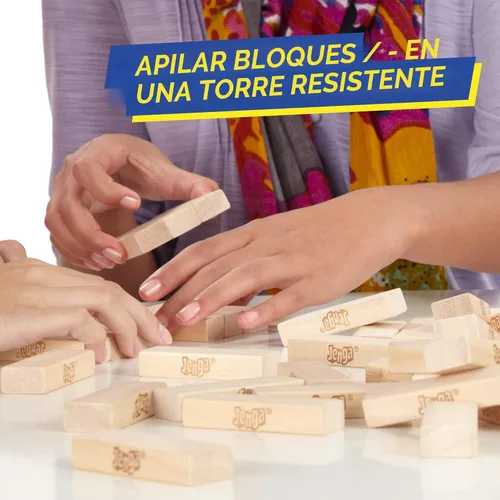 Vista 4 de Hasbro Gaming Jenga Game El juego original de bloques de madera con bloques de madera auténtica Torre apilable A partir de 6 años 1 o más
