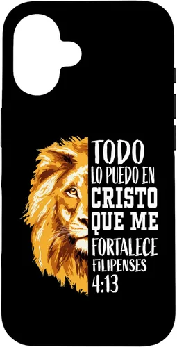 iPhone 16 Filipenses 4:13 - Funda gráfica de león con versículo bíblico cristiano en español