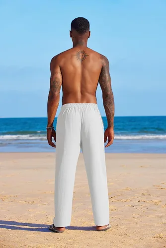 Vista 2 de COOFANDY Pantalones de lino de verano para hombre, ligeros, casuales, con cintura elástica, con cordón